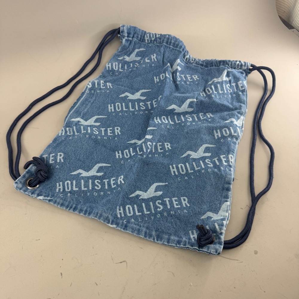 Hollister Unisex Denim Drawstring Backpack Logo Print Cinch Bag Blue One Size